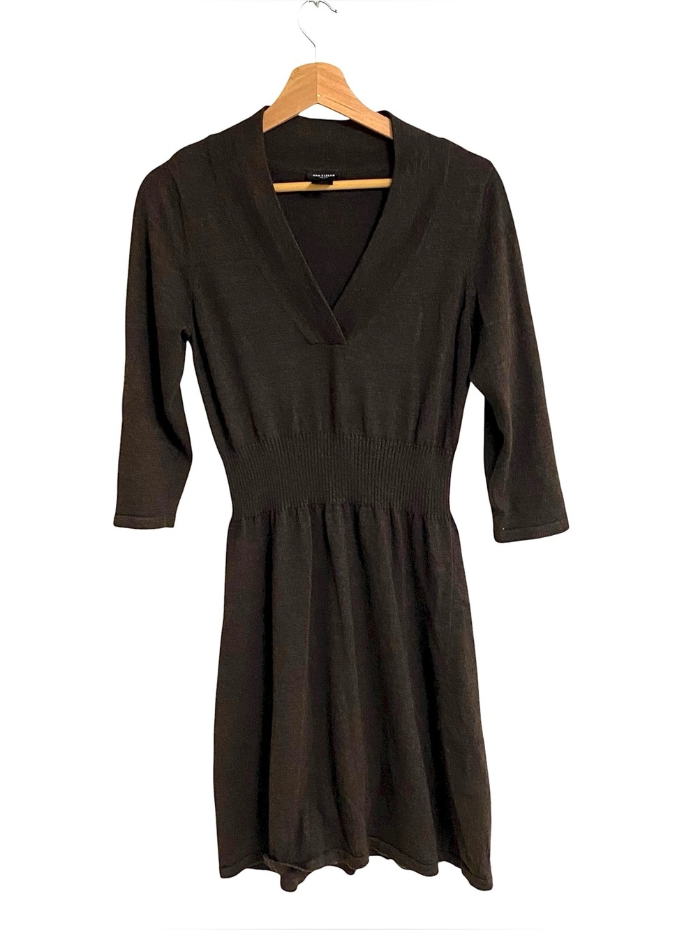 Ann Taylor Vintage chocolate brown V Neck Wool blend cinched waist knit dress M